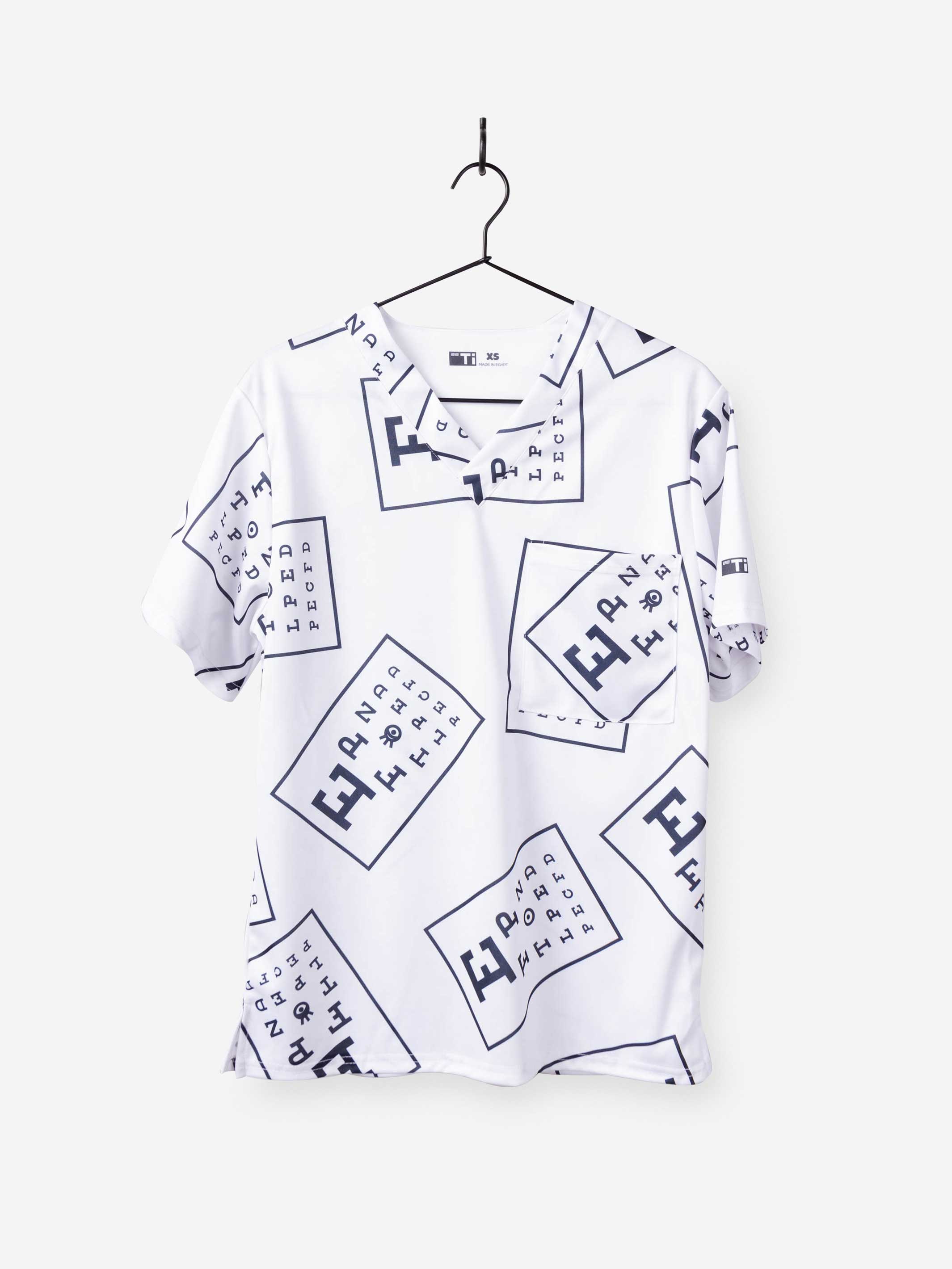 ophthalmology print scrub top white with black eye charts one pocket