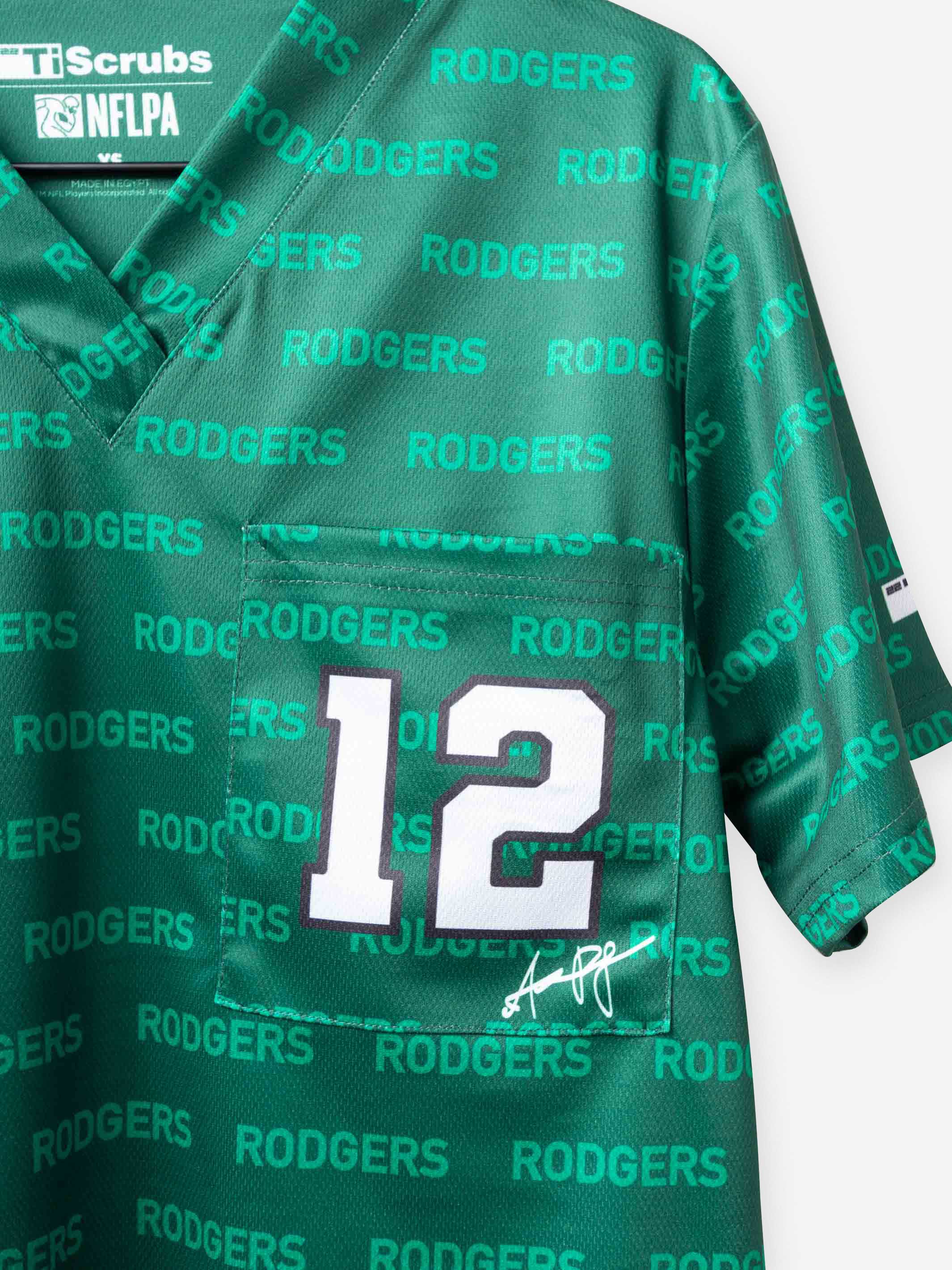 Men&#39;s Aaron Rodgers Jersey Scrub Top in Green with signature 