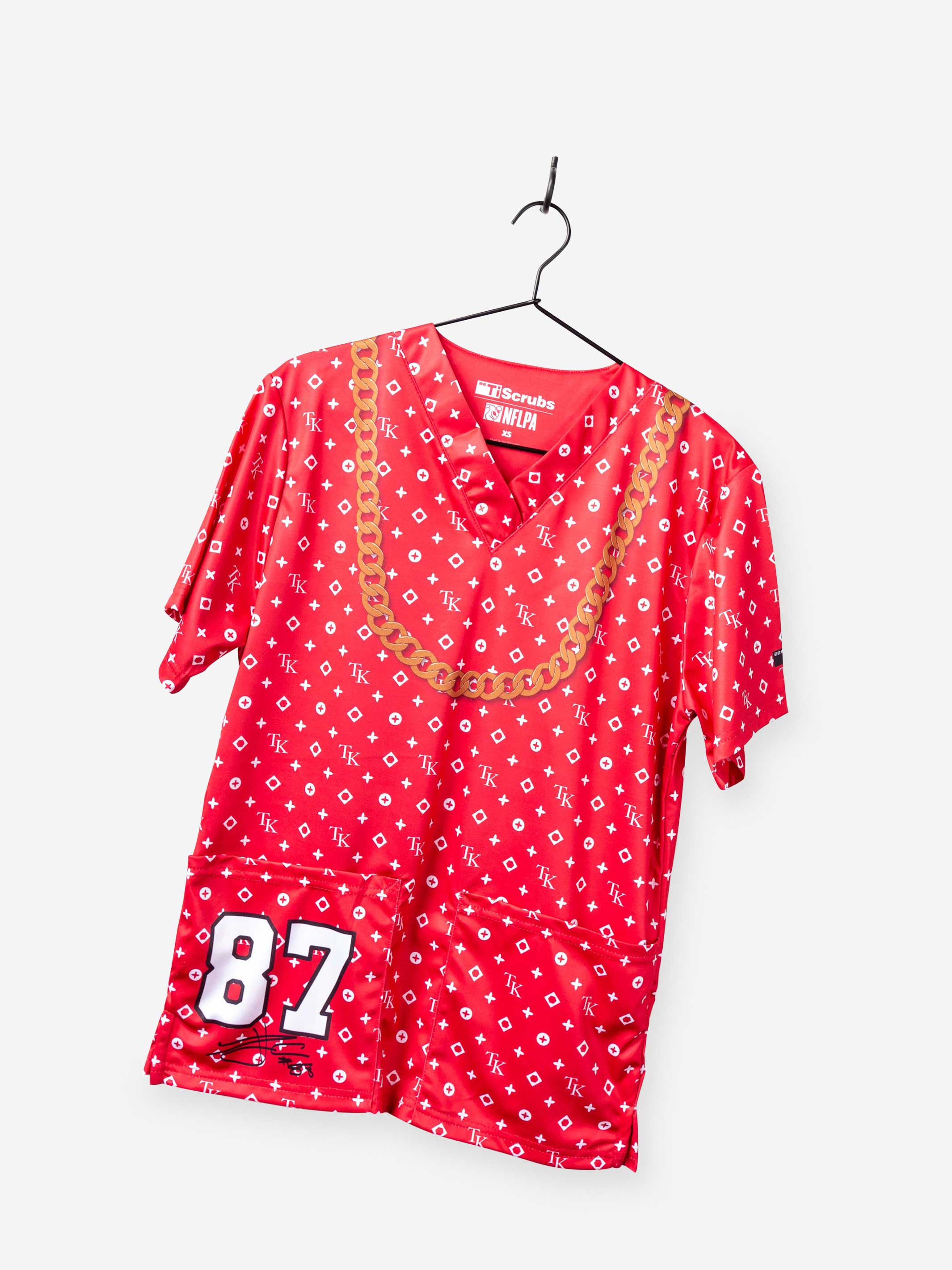 Mens Travis Kelce NFL Fashion scrub top Kansas City Football red and white stretch fabric