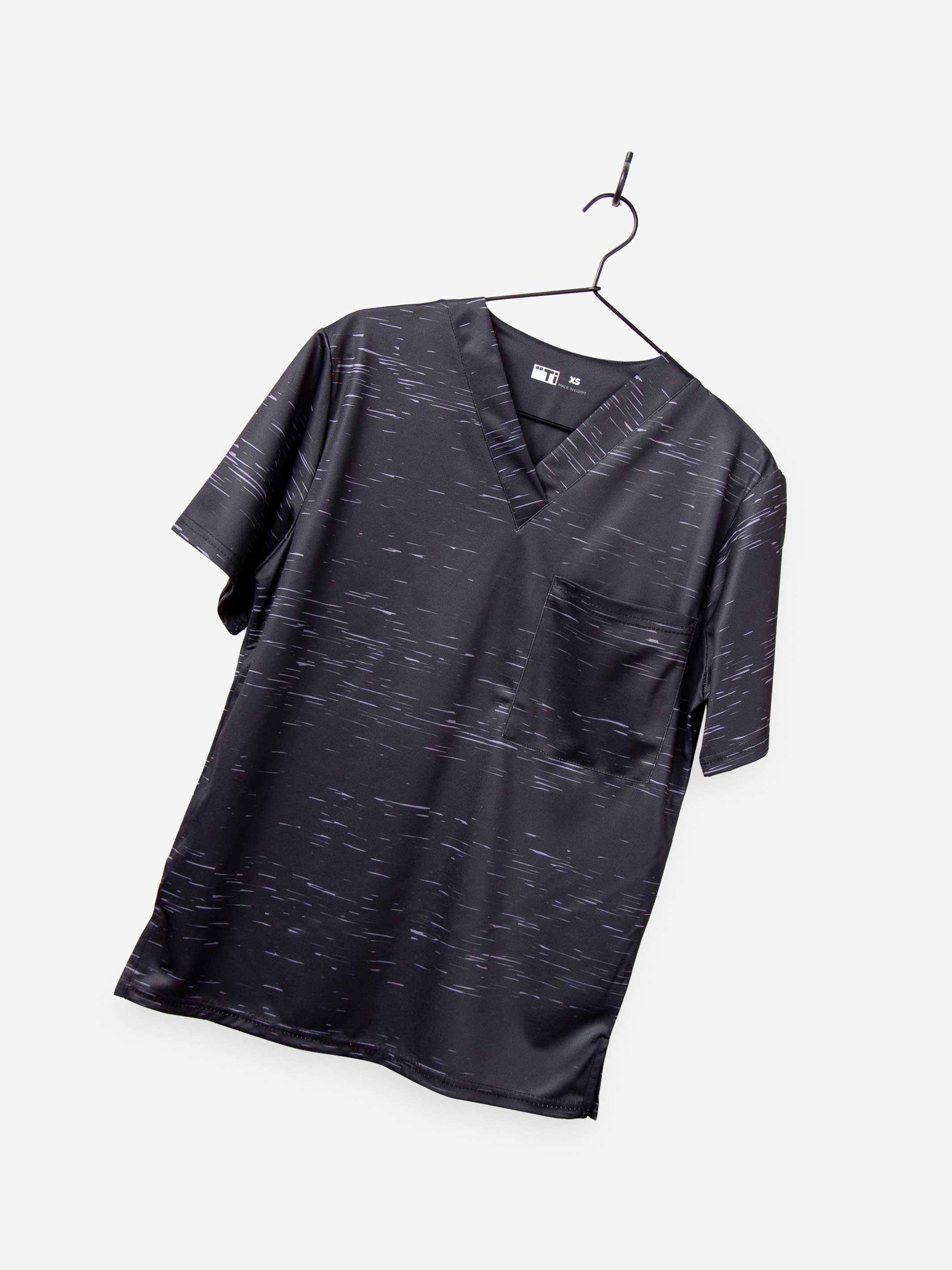 Men&#39;s Cool Print Scrub Top with Athletic Stripes and Static in Black performance fabric