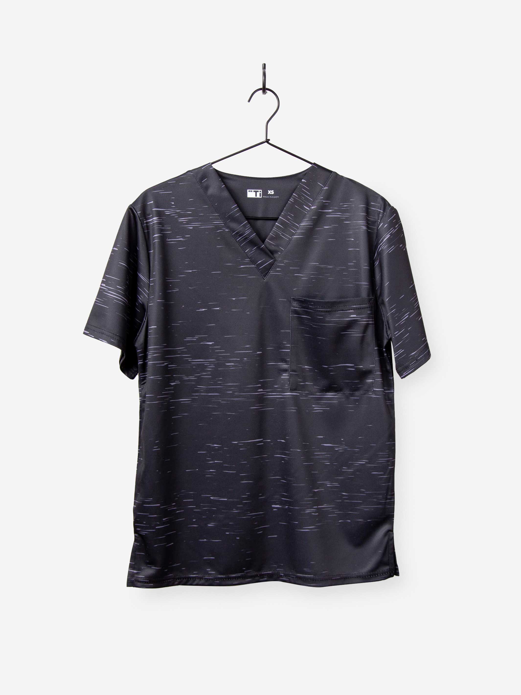 Men&#39;s Cool Print Scrub Top with Athletic Stripes and Static in Black with Chest Pocket