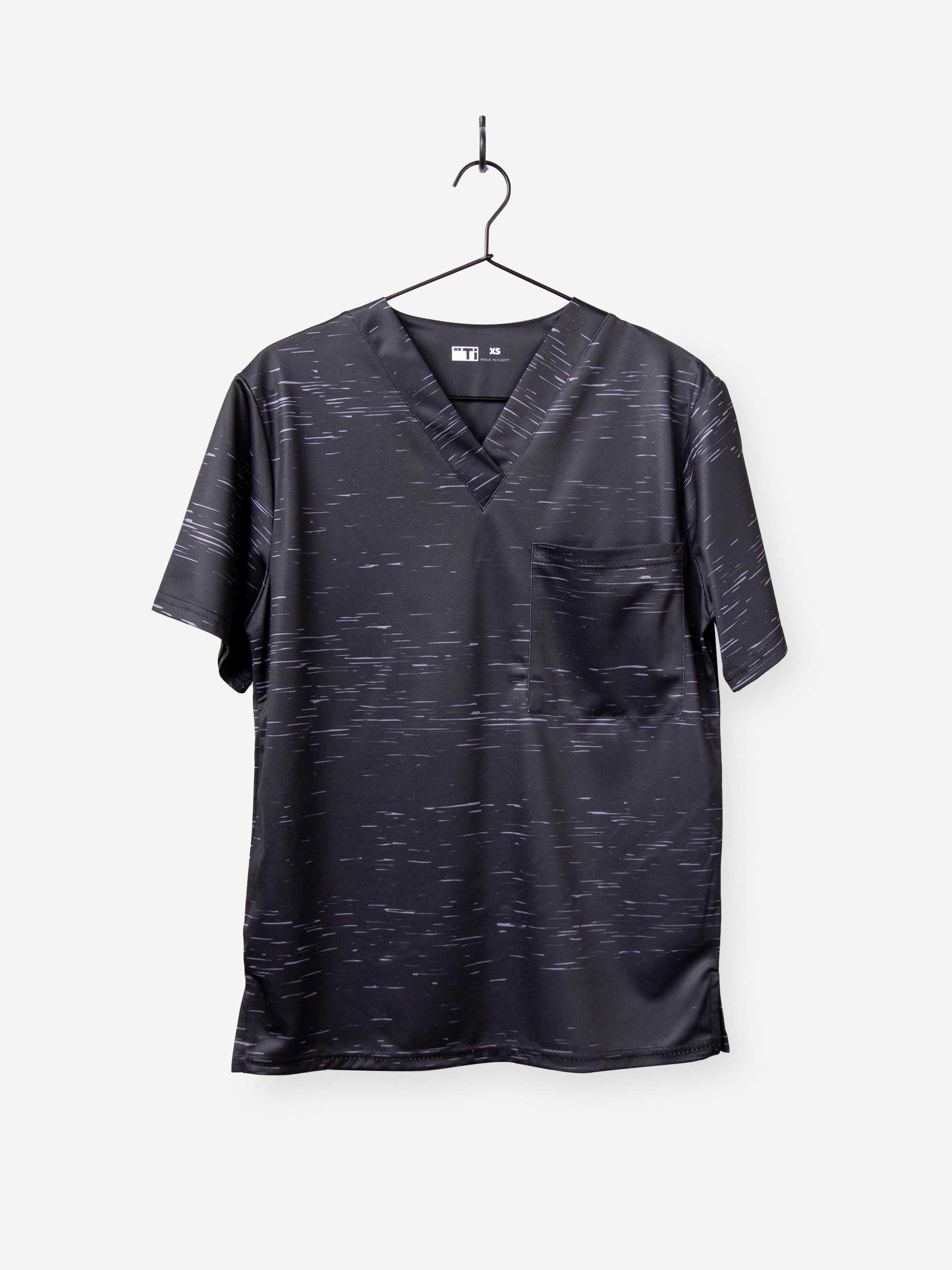 Men's Cool Print Scrub Top with Athletic Stripes and Static in Black with Chest Pocket