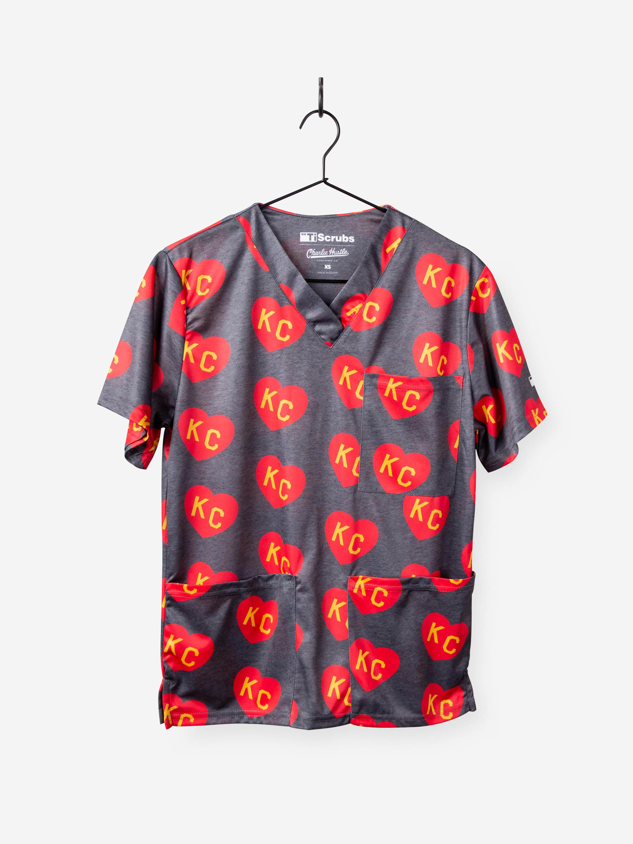 Charlie Hustle Chiefs Scrub Top KC Heart Red and Gold with 3 Pockets for nurses