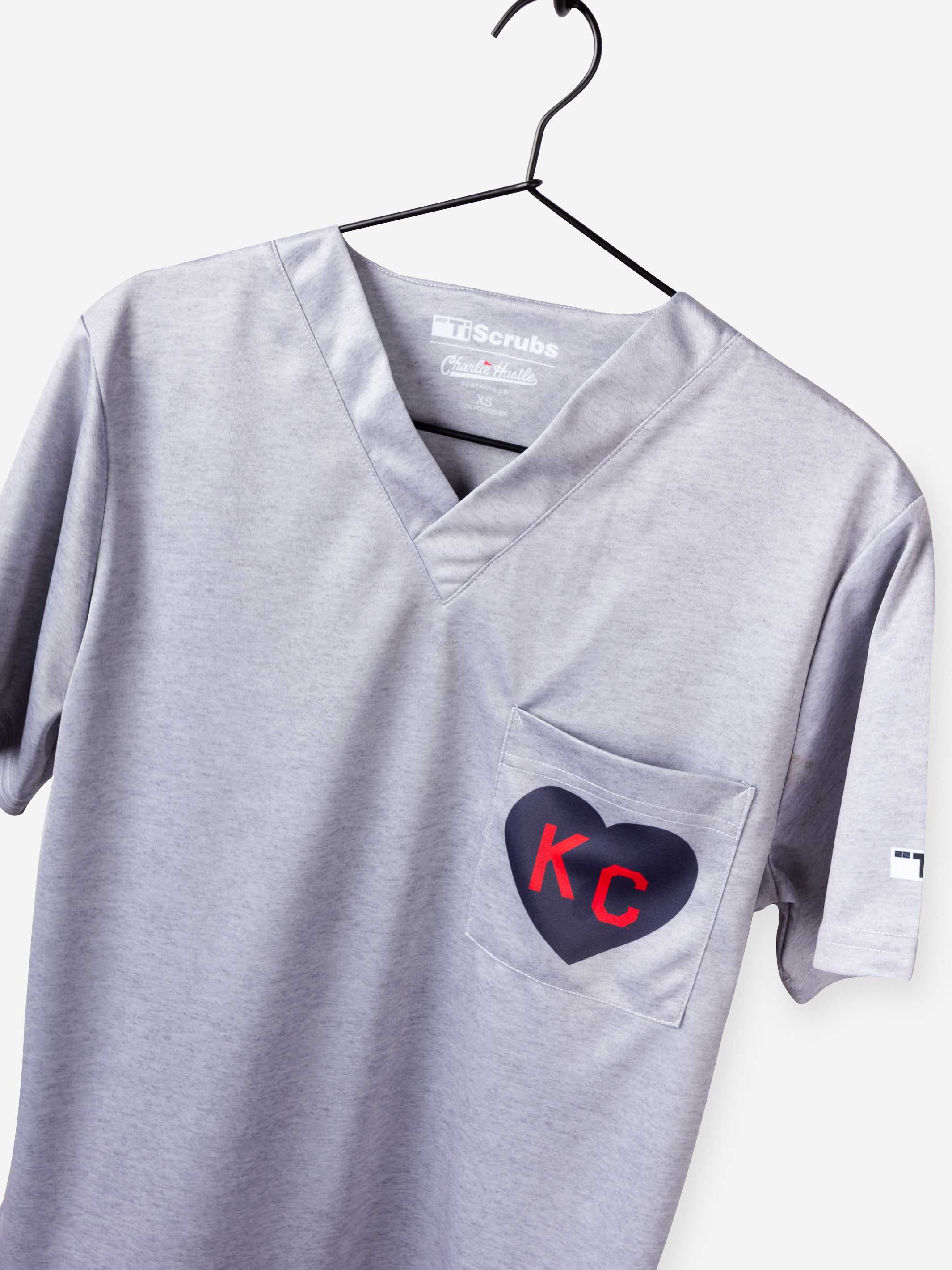 Men&#39;s Charlie Hustle KC Heart Scrub Top in Red and Navy with chest pocket heather gray