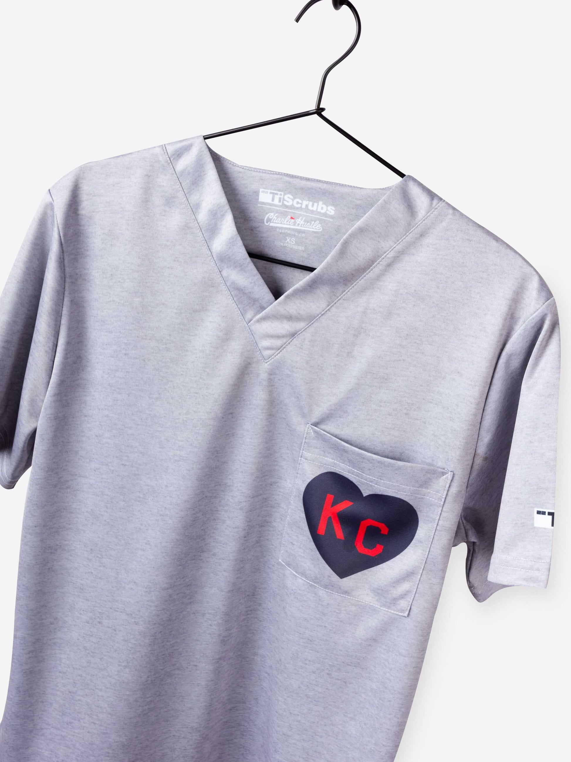 Men's Charlie Hustle KC Heart Scrub Top in Red and Navy with chest pocket heather gray