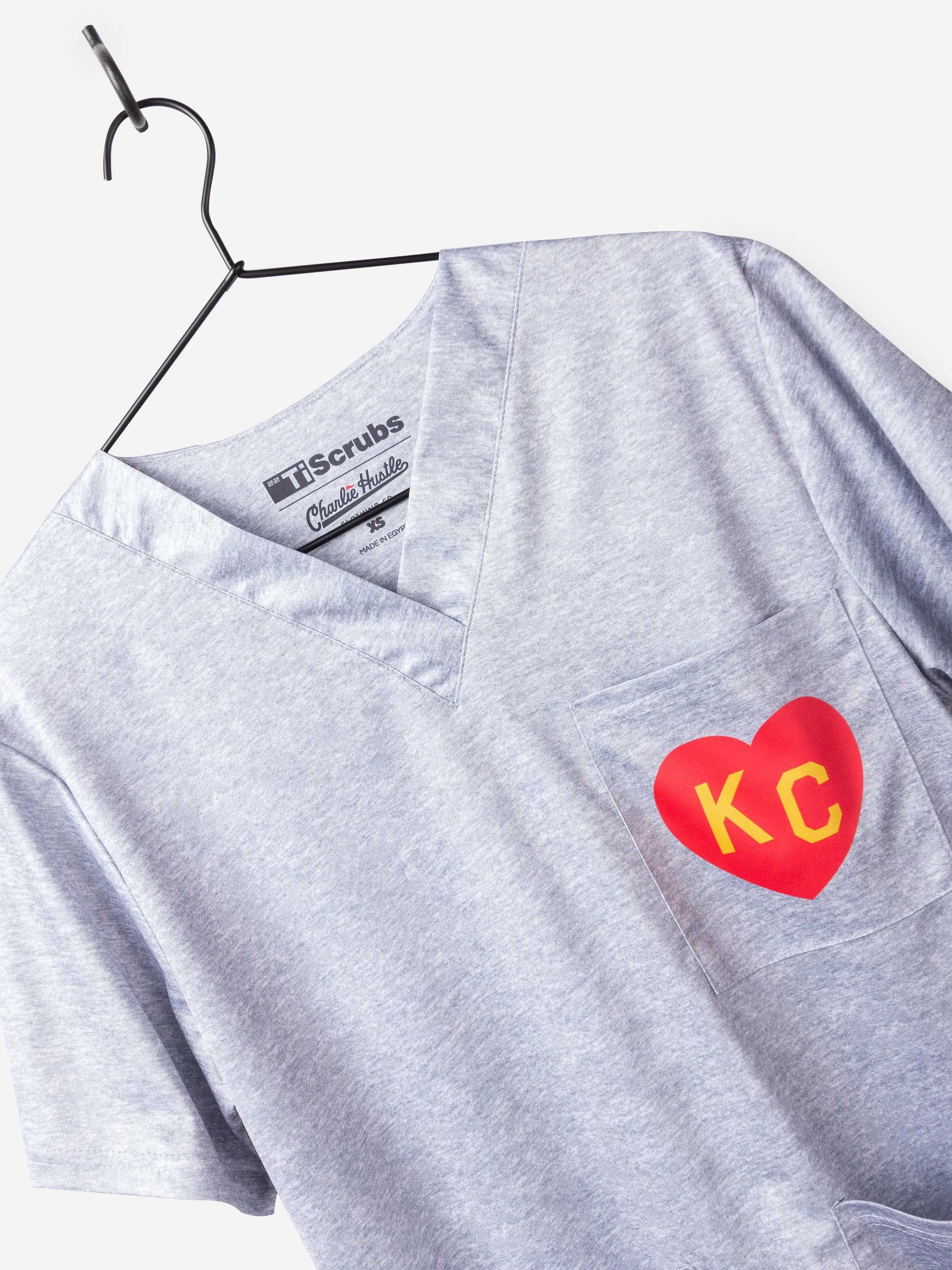 Men's Charlie Hustle KC Heart Scrub Top in Red and Yellow with 3 Pockets heather gray