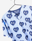 Men's Charlie Hustle Print Scrub Top with KC Heart All Over Pattern in Navy and Ceil Blue and heather gray