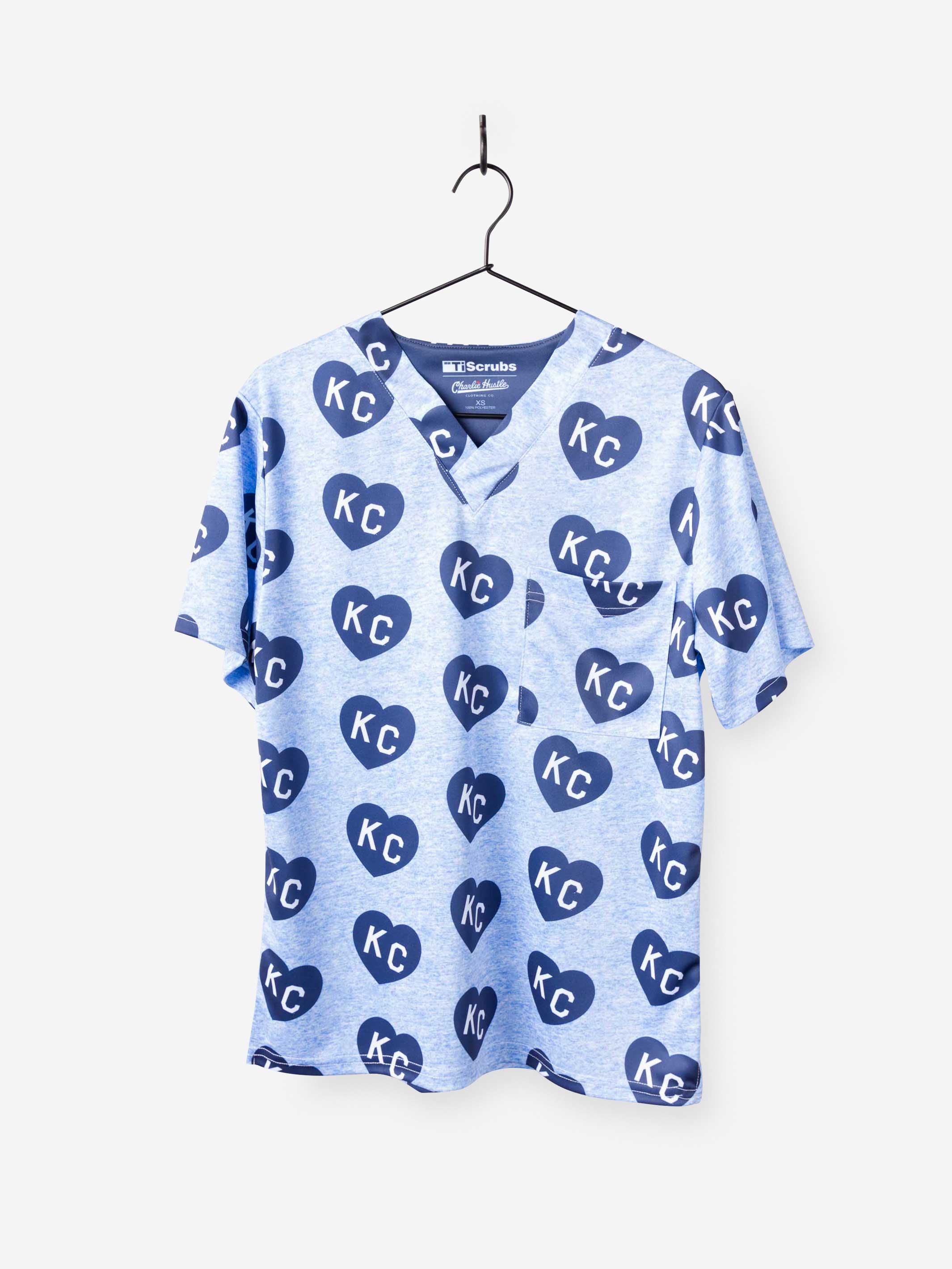 Men's Charlie Hustle Print Scrub Top with KC Heart All Over Pattern in Navy and Ceil with chest pocket