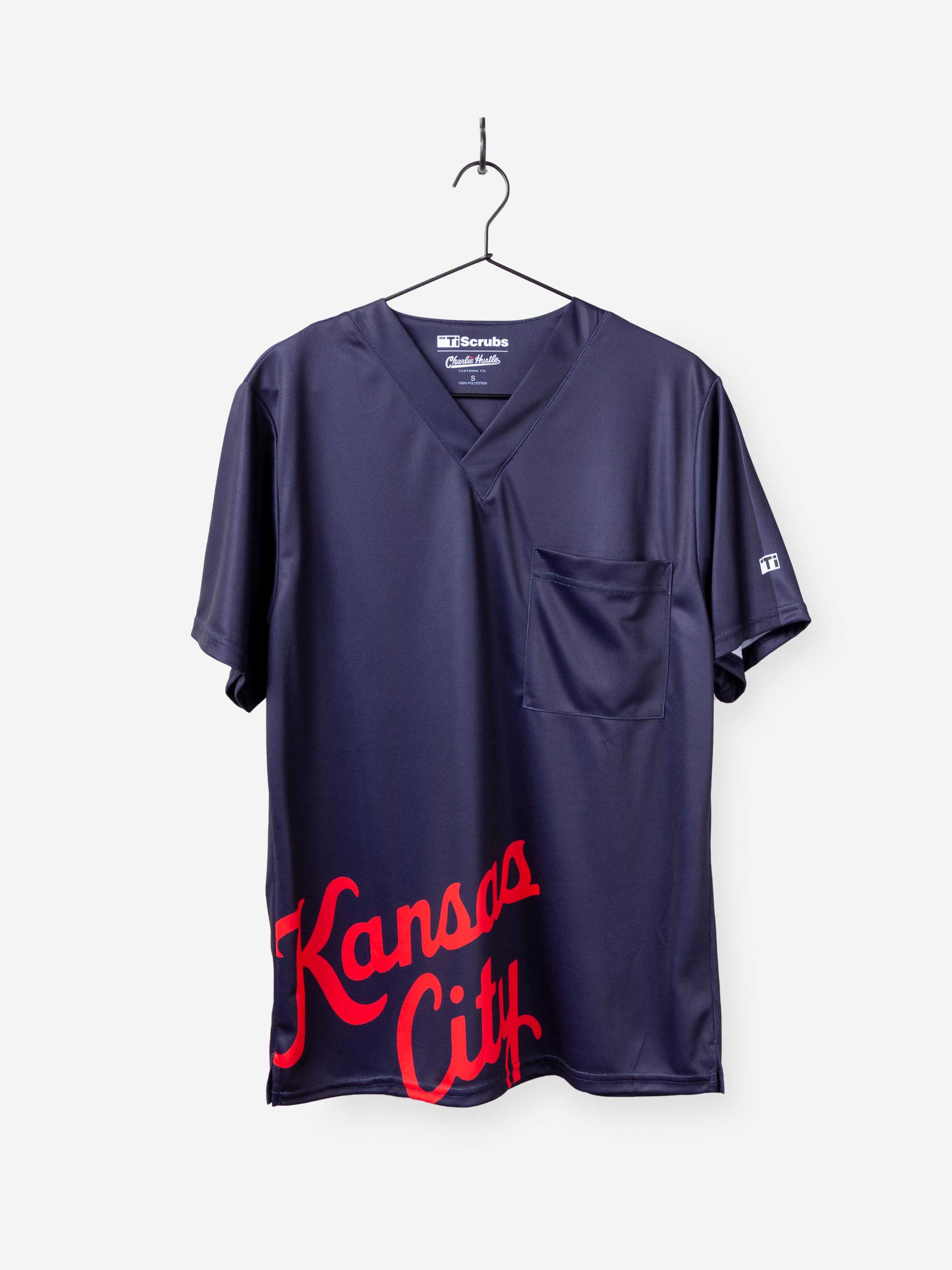 Men&#39;s Charlie Hustle Print Scrub Top with Kansas City Script in Navy and Red