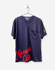 Men's Charlie Hustle Print Scrub Top with Kansas City Script in Navy and Red