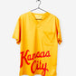 Men's Charlie Hustle Print Scrub Top with Kansas City Script in Gold and Red with Chest Pocket