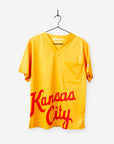 Men's Charlie Hustle Print Scrub Top with Kansas City Script in Gold and Red with Chest Pocket