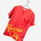 Men's Charlie Hustle Print Scrub Top with Kansas City Script in Red and Gold in performance stretch fabric