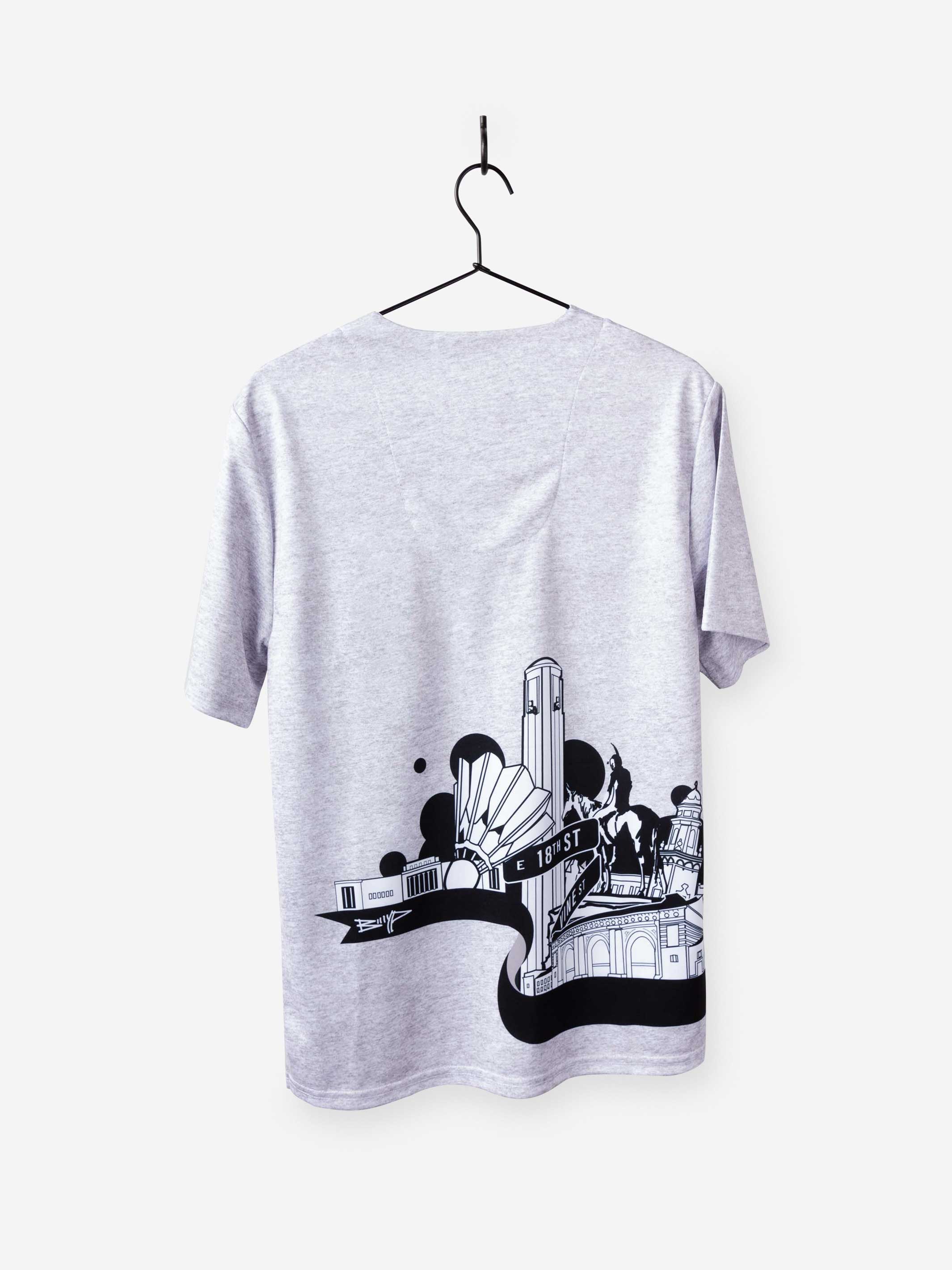 Men's Kansas City Skyline Print Scrub Top in heather gray with wrap around artwork