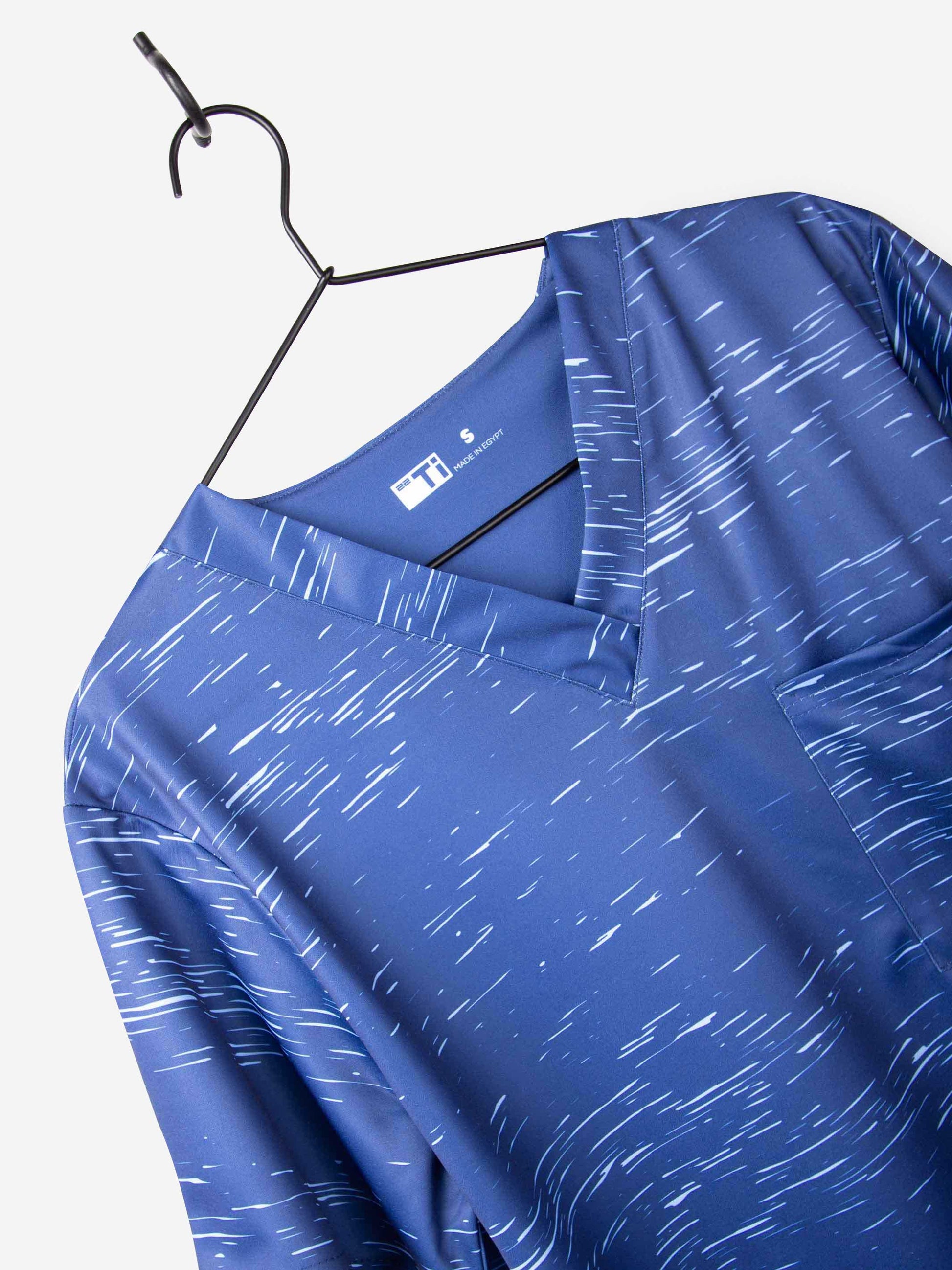 Men's Cool Print Scrub Top with Athletic Stripes and Static in Navy with V-neck