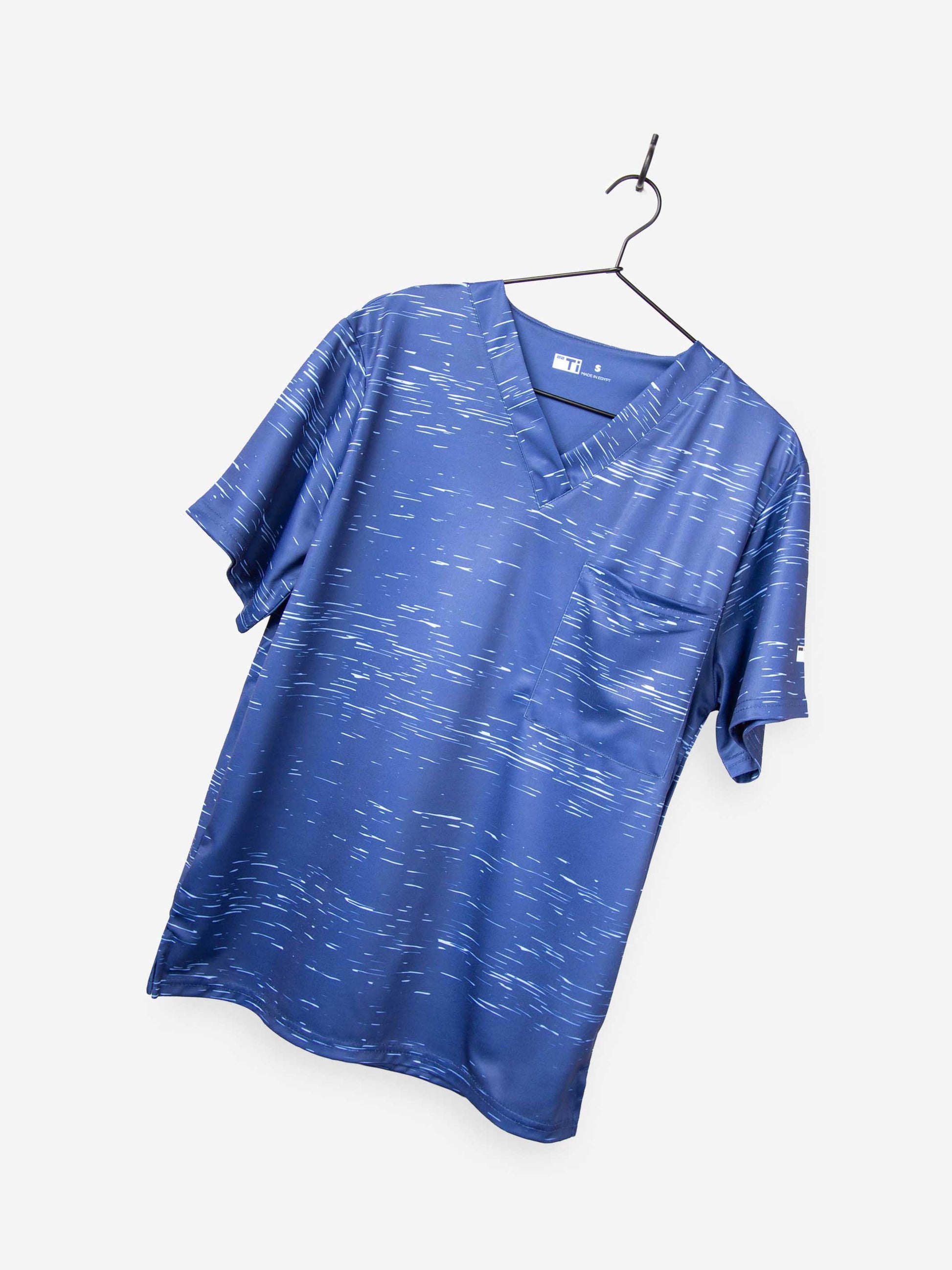 Men's Cool Print Scrub Top with Athletic Stripes and Static in Navy with Chest Pocket