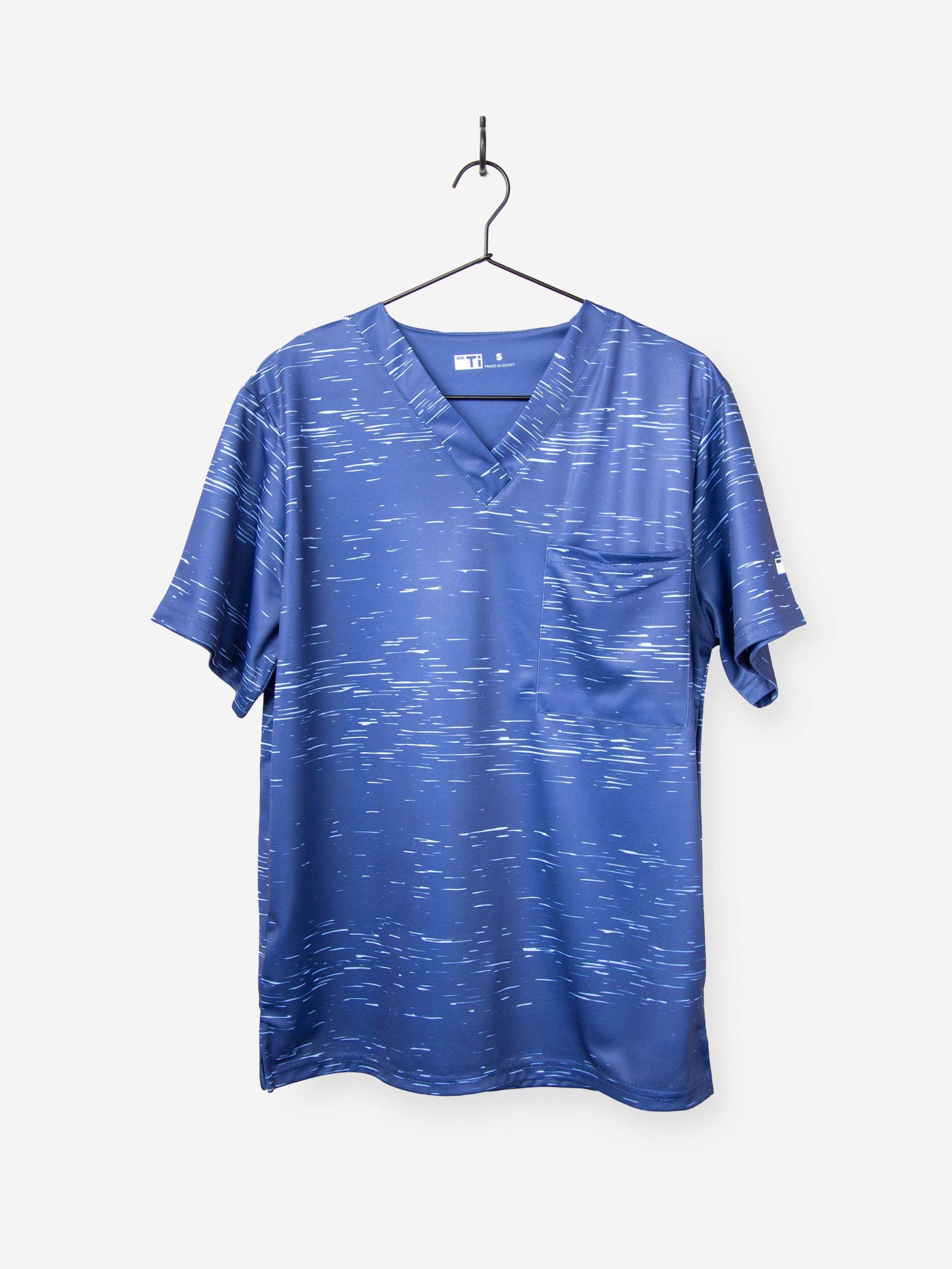 Men's Cool Print Scrub Top with Athletic Stripes and Static in Navy