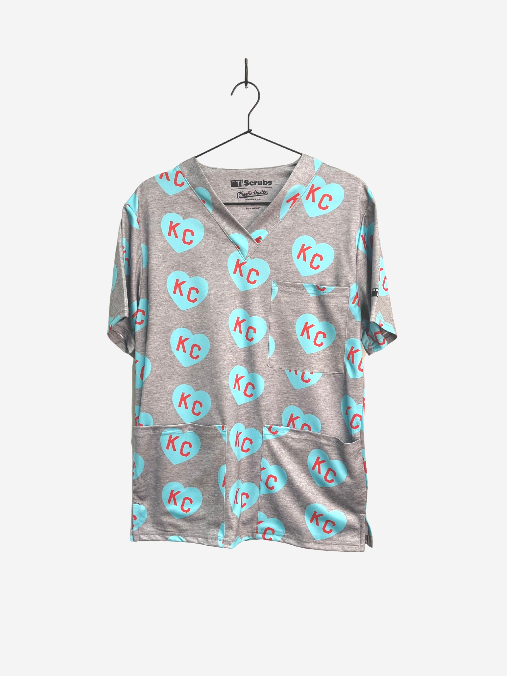 Men's Charlie Hustle All Over Heart Scrub Top 3 Pockets Turquoise Red