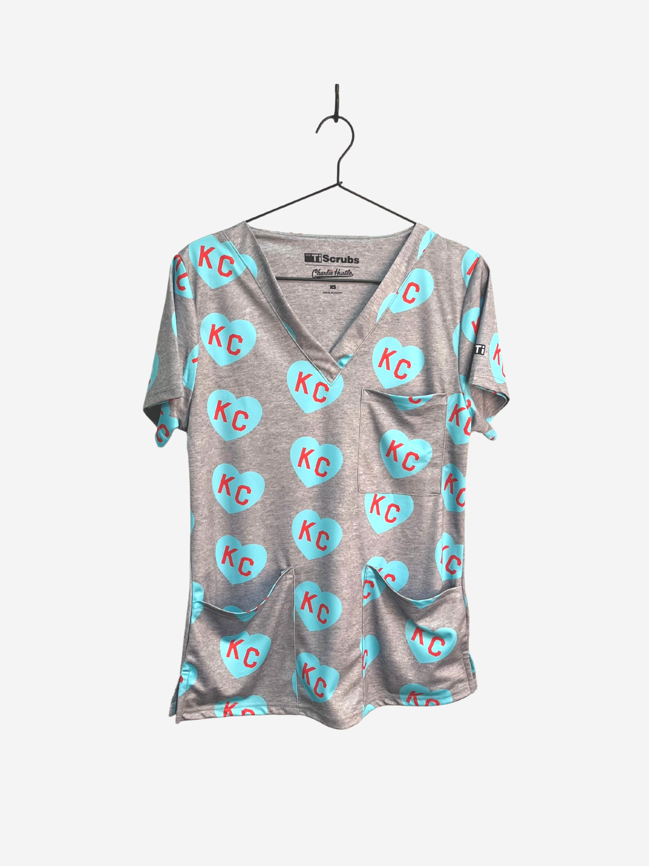 Women's Charlie Hustle Print Scrub Top in Turquoise and Red with 3 Pockets