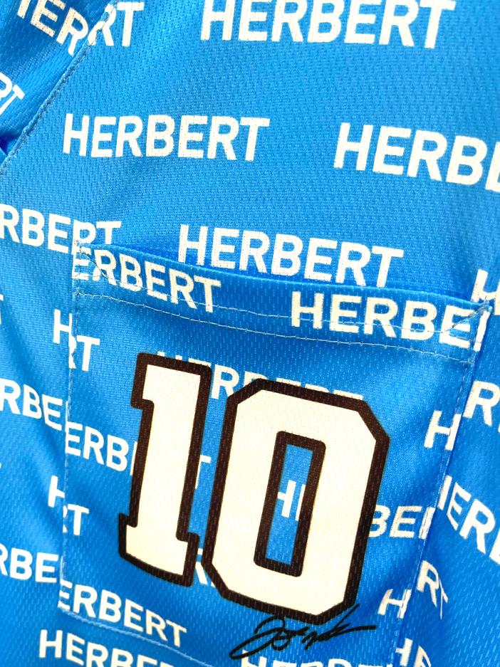 Women&#39;s Justin Herbert 10 LA Chargers NFL Players Mesh Jersey 3-Pocket Scrub Top Chest Pocket  Closeup