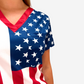 Women's American Flag Patriotic scrub top on model pocket closeup