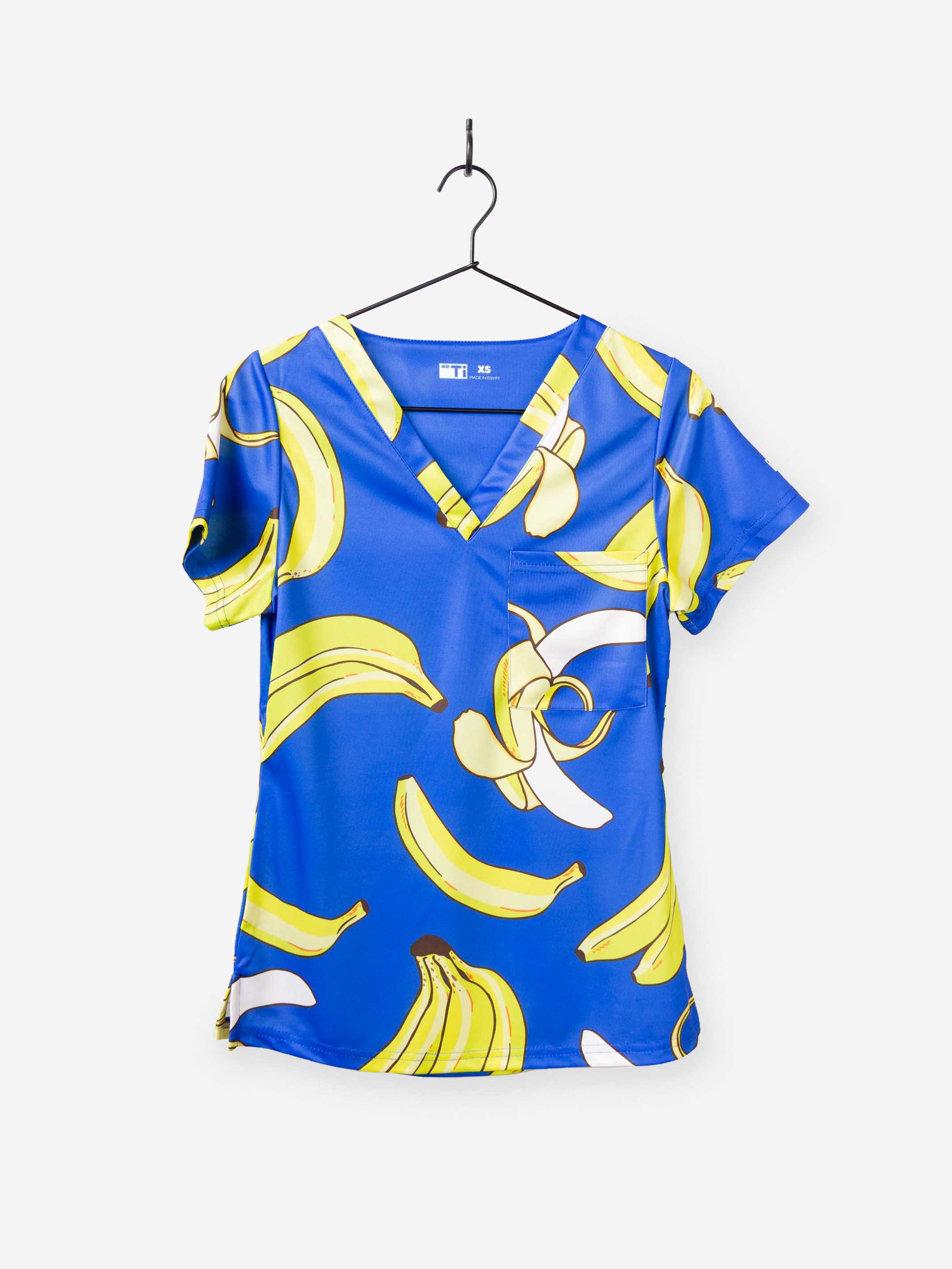 Women's Funny Banana Print Scrub Top Pattern in Royal Blue