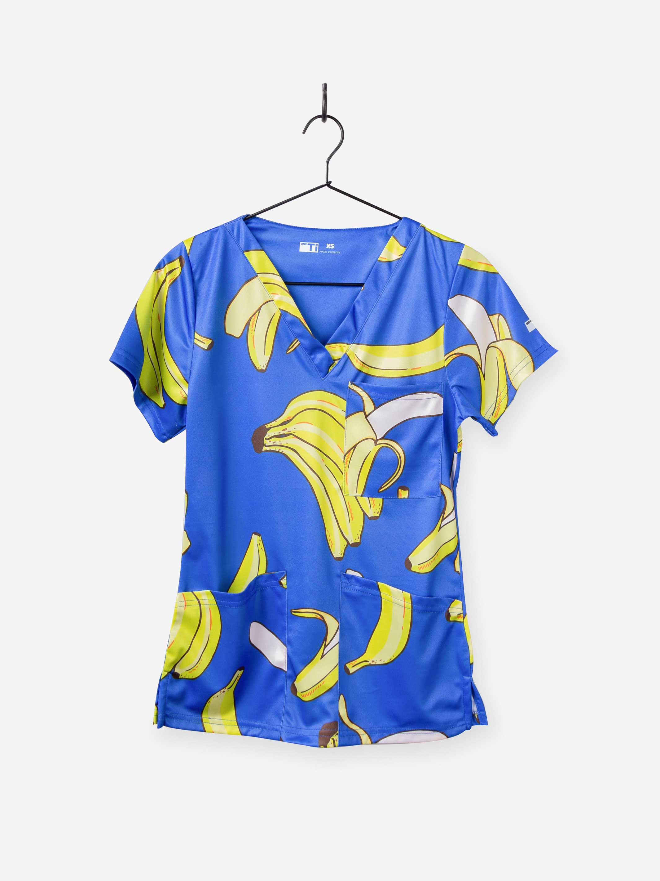 Women's Fun Print scrub top with bananas all over 