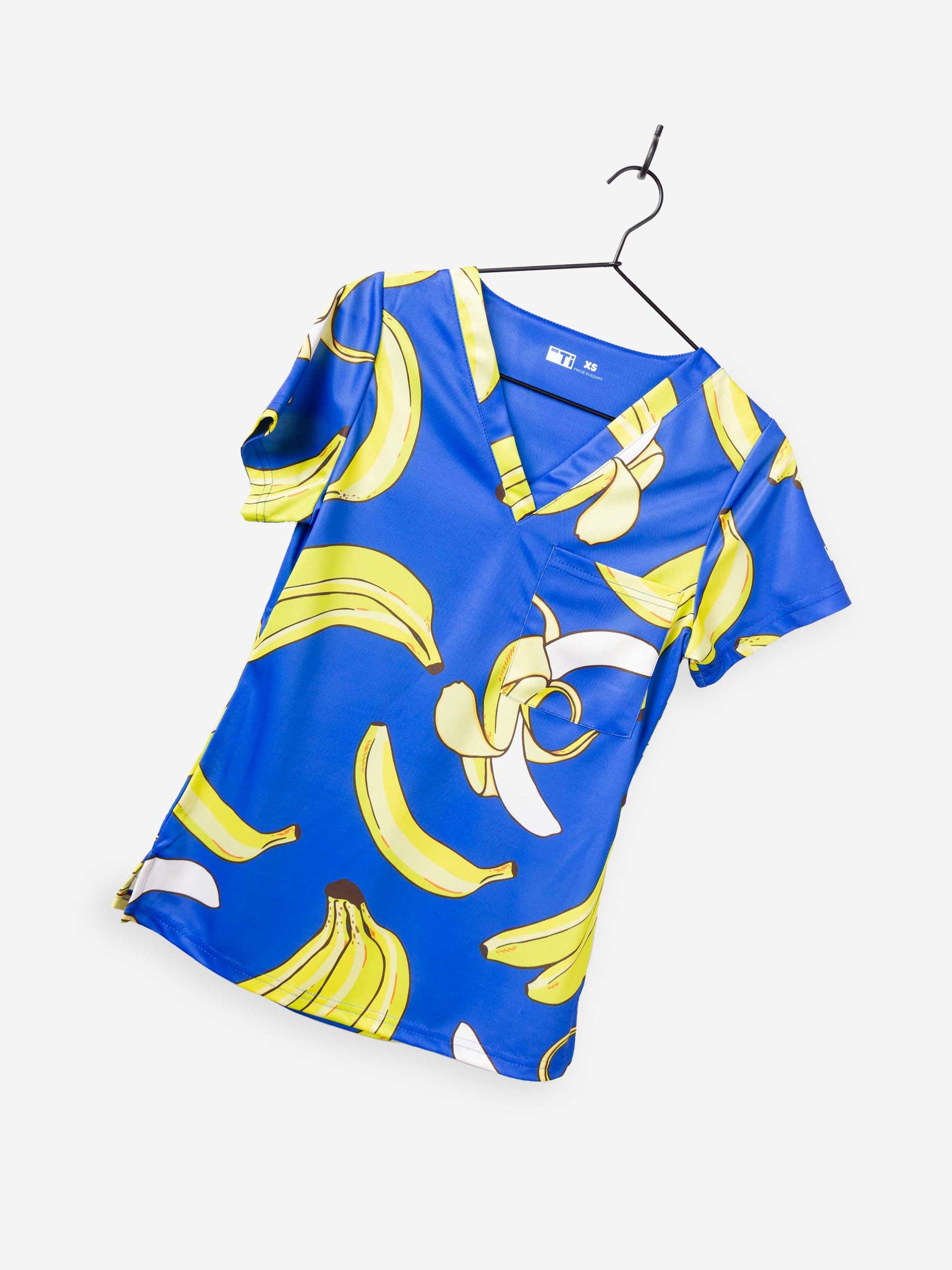 Women's Funny Banana Print Scrub Top Pattern in Royal Blue with V-neck