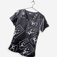 women's ophthalmology print scrub top black with white eye charts with 3 pockets