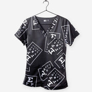women's ophthalmology print scrub top black with white eye charts