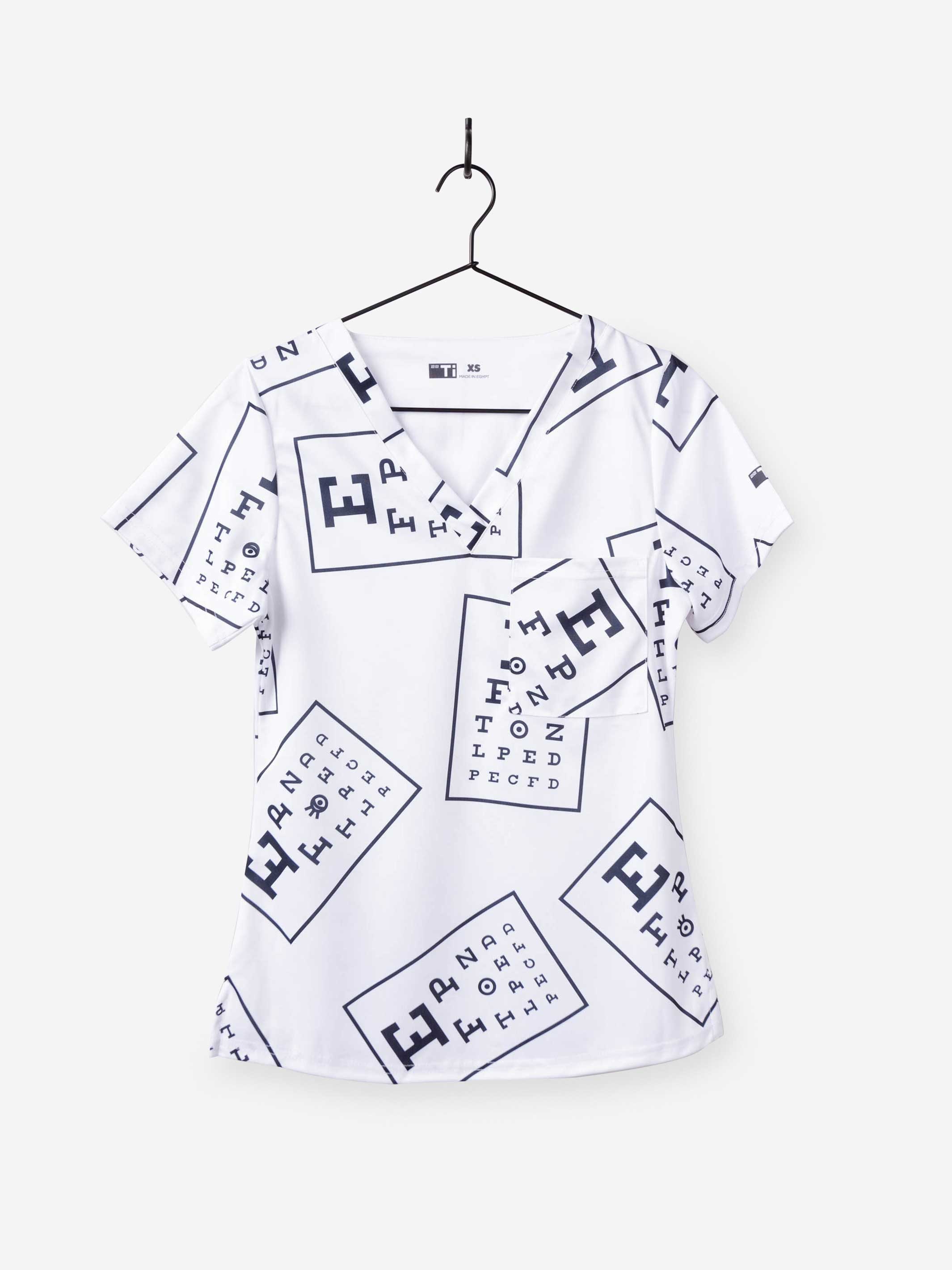 women&#39;s ophthalmology print scrub top white with black eye charts print 