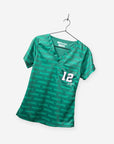 Women's NFLPA Aaron Rodgers Jersey Scrub Top in Hunter Green on mesh fabric