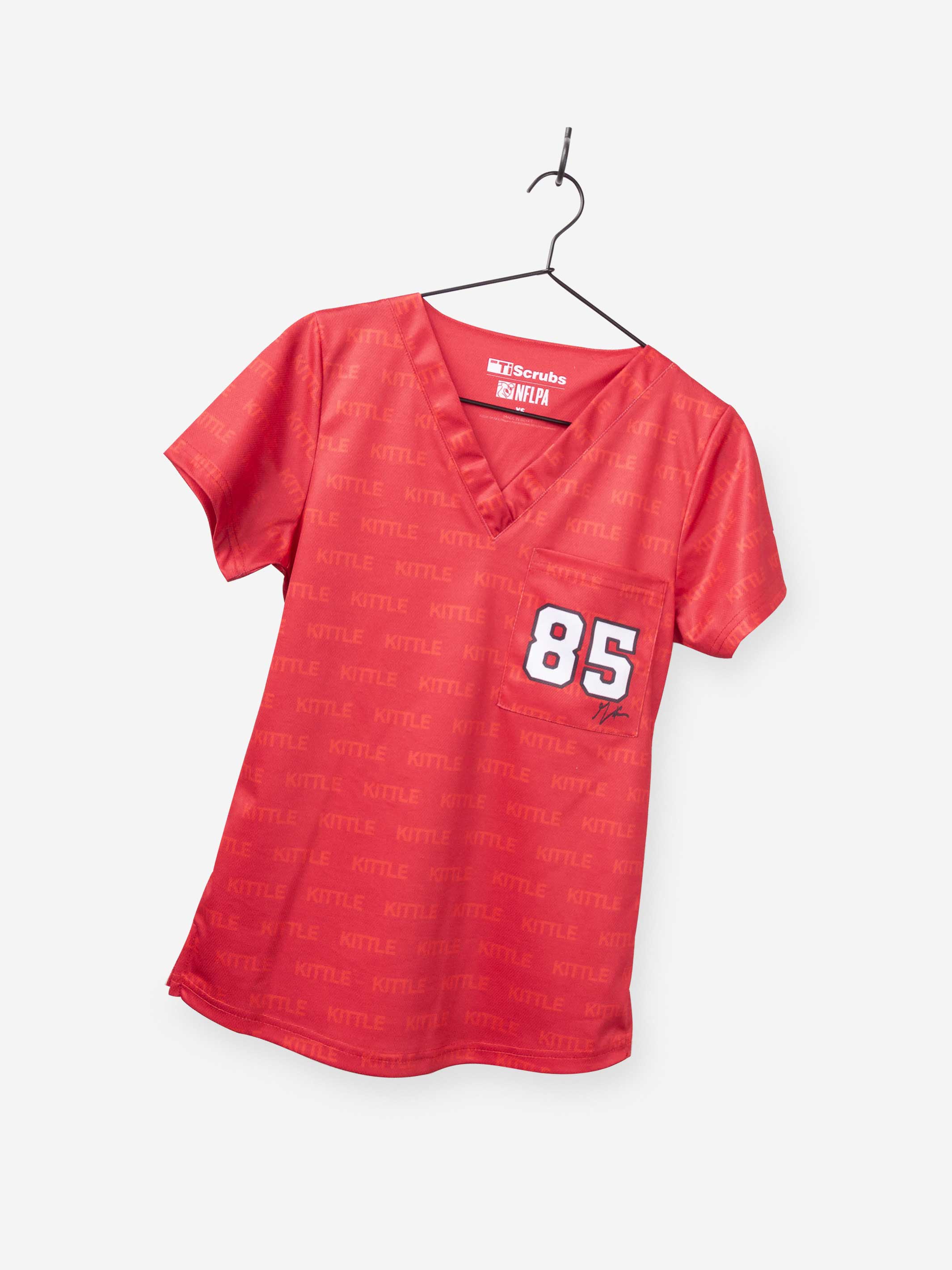 Women's George Kittle Scrub Top in Red Jersey Color for football fans