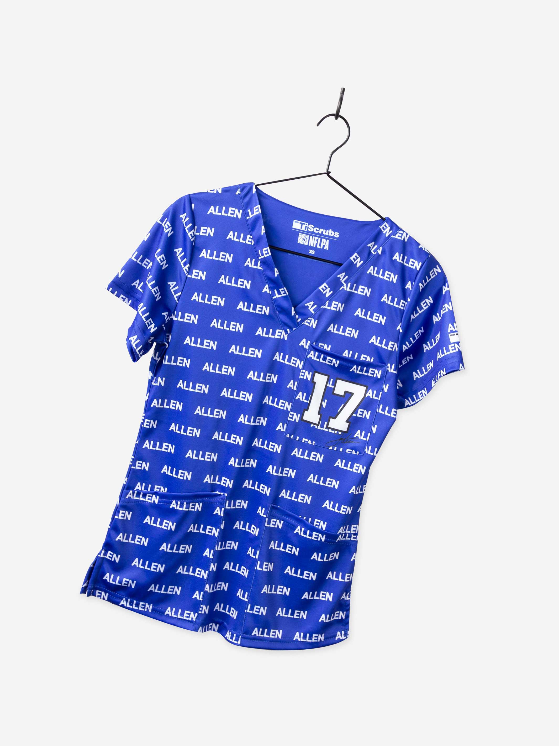 Women&#39;s NFL Josh Allen Scrub Top in Royal Blue with number 17 and signature