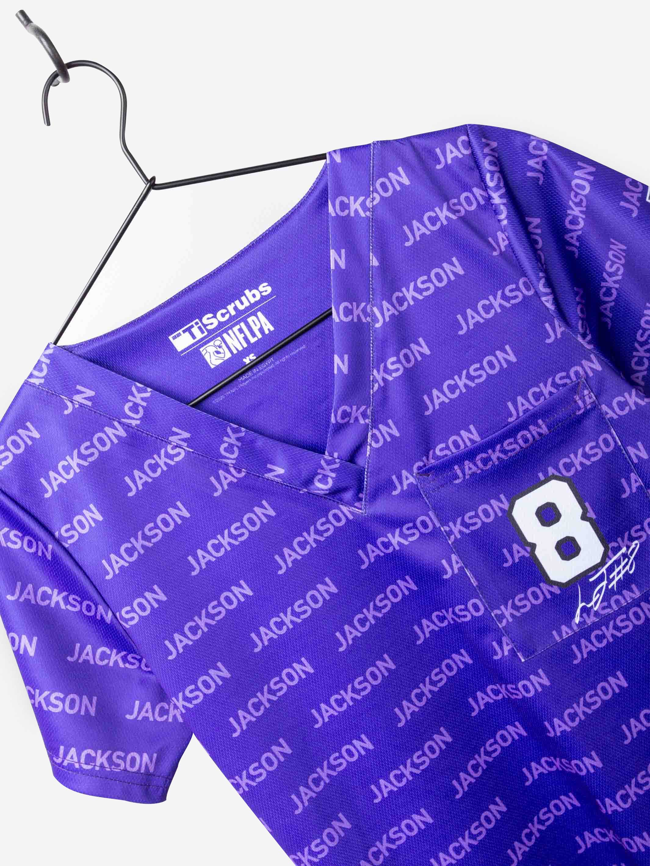 Women&#39;s Lamar Jackson Scrub Top in Jersey Mesh Fabric in purple