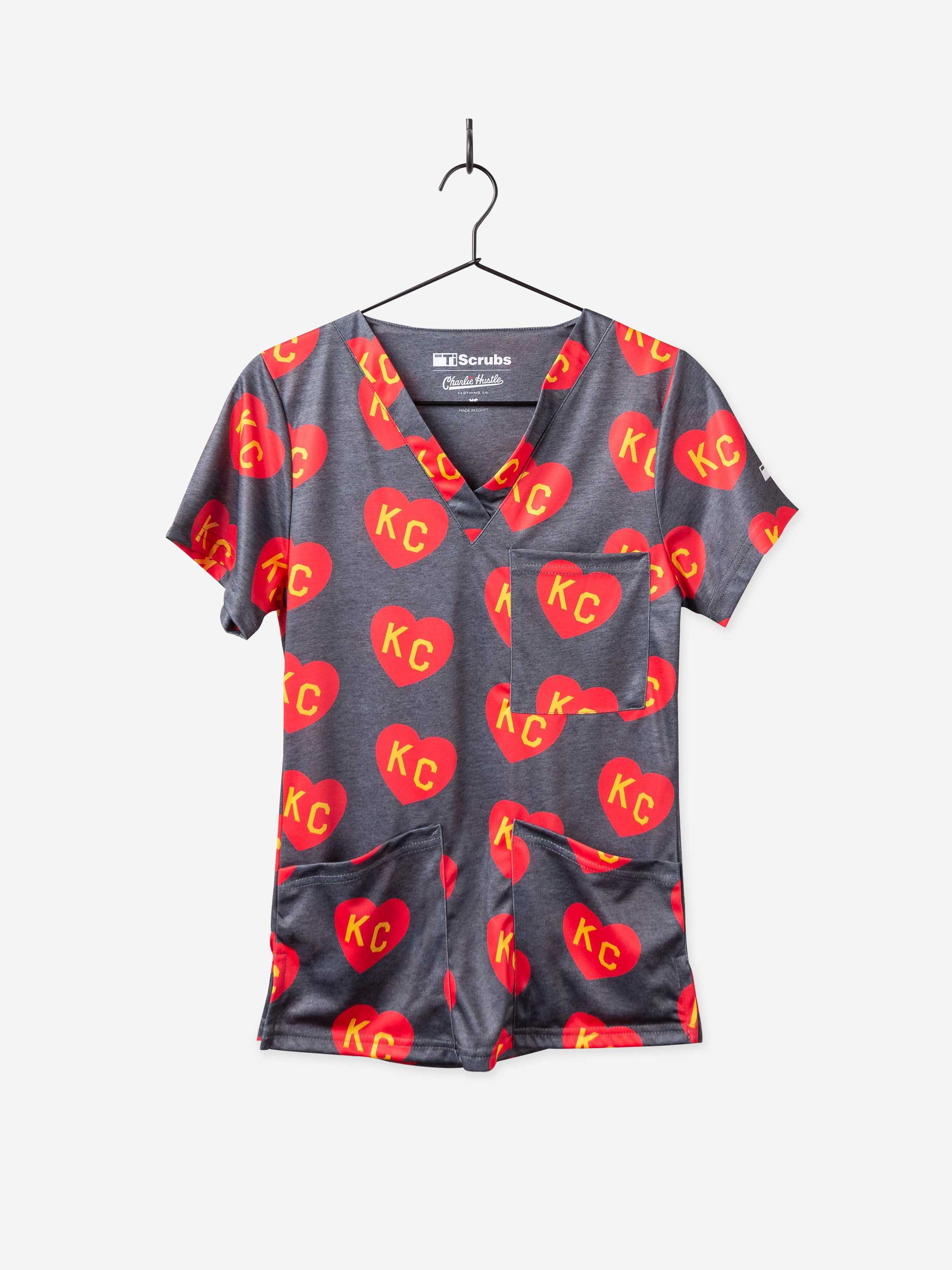 Women's Charlie Hustle Print Scrub Top in Red and Gold with 3 Pockets