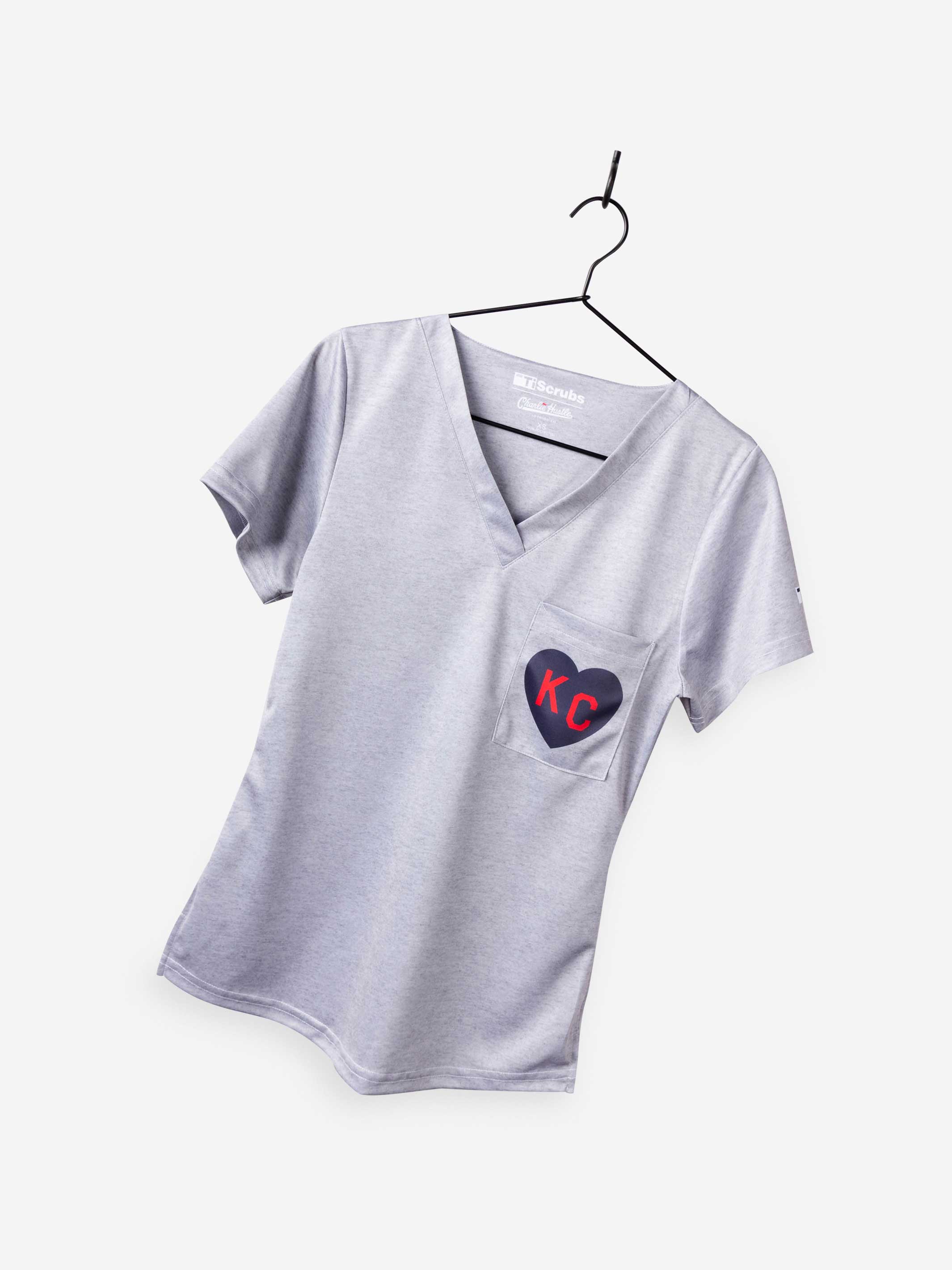 Women&#39;s Charlie Hustle Scrub Top KC Heart in Navy and Red and heather gray