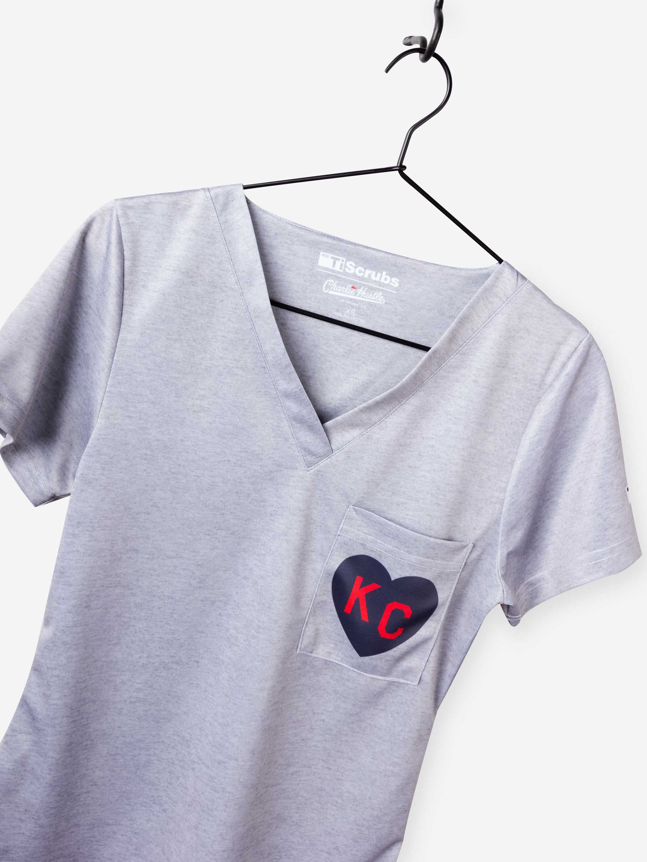 Women&#39;s Charlie Hustle Scrub Top KC Heart in Navy and Red Chest Pocket