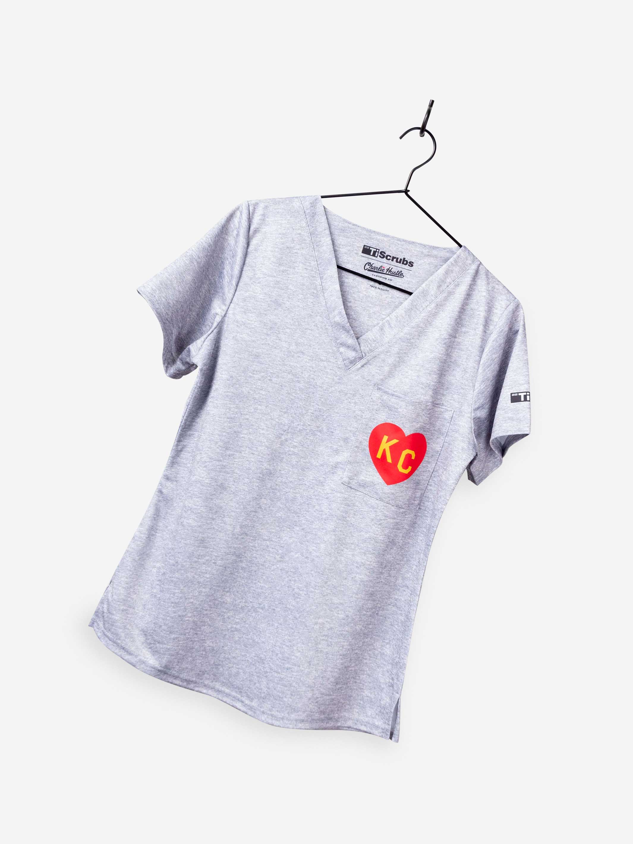 Women&#39;s Charlie Hustle Scrub Top KC Heart in Red and Gold and heather gray 