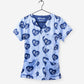 Women's Charlie Hustle Print Scrub Top in Navy and Ceil Blue with 3 Pockets KC Heart Print