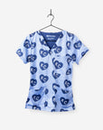 Women's Charlie Hustle Print Scrub Top in Navy and Ceil Blue with 3 Pockets KC Heart Print