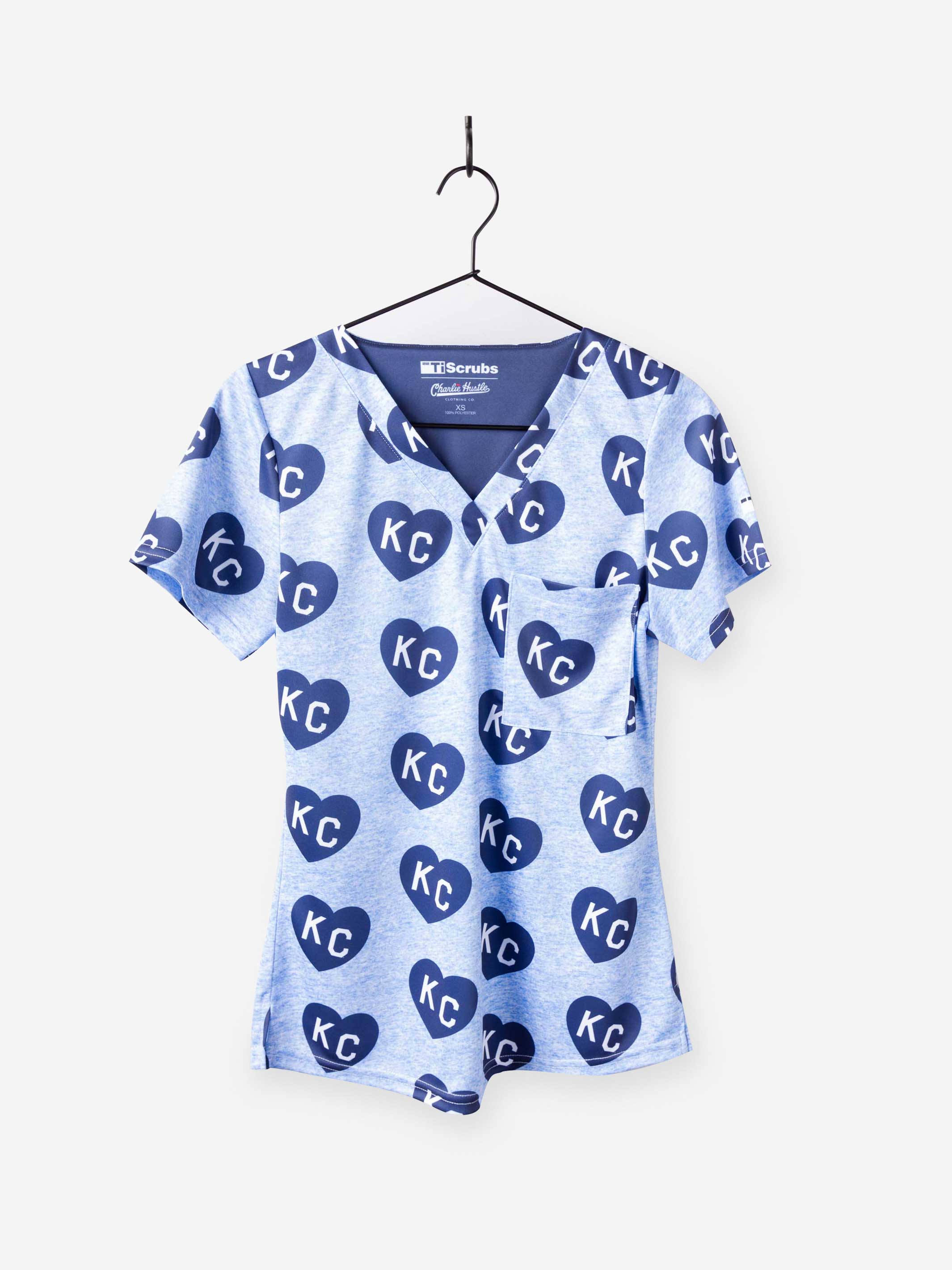 Women's Charlie Hustle Print Scrub Top in Navy and Ceil Blue with 1 Pocket