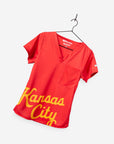 Women's Charlie Hustle Scrub Top with Kansas City Script in Red and Gold with V-neck