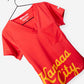 Women's Charlie Hustle Scrub Top with Kansas City Script in Red and Gold and chest pocket
