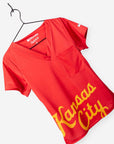 Women's Charlie Hustle Scrub Top with Kansas City Script in Red and Gold and chest pocket