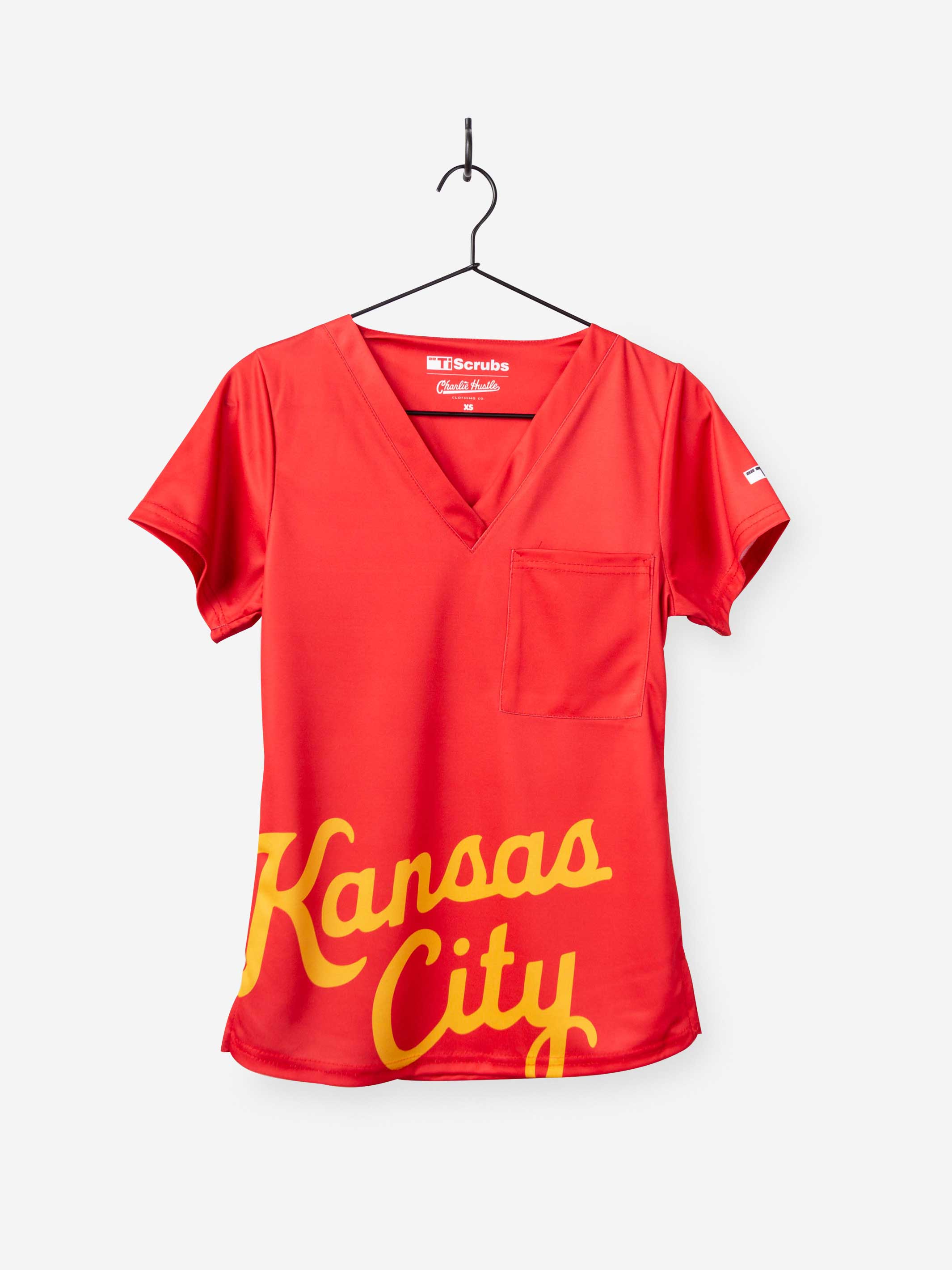 Women's Charlie Hustle Scrub Top with Kansas City Script in Red and Gold