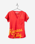 Women's Charlie Hustle Scrub Top with Kansas City Script in Red and Gold