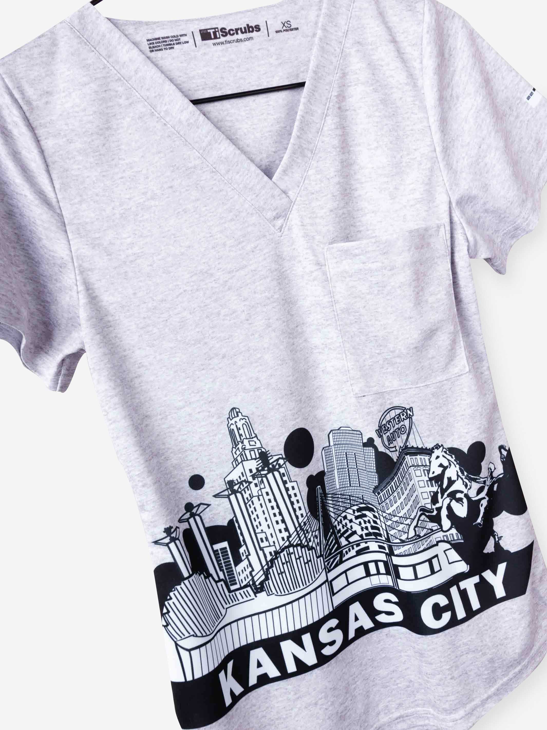 Women's Kansas City Skyline Print Scrub Top in heather gray with chest pocket