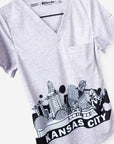 Women's Kansas City Skyline Print Scrub Top in heather gray with chest pocket