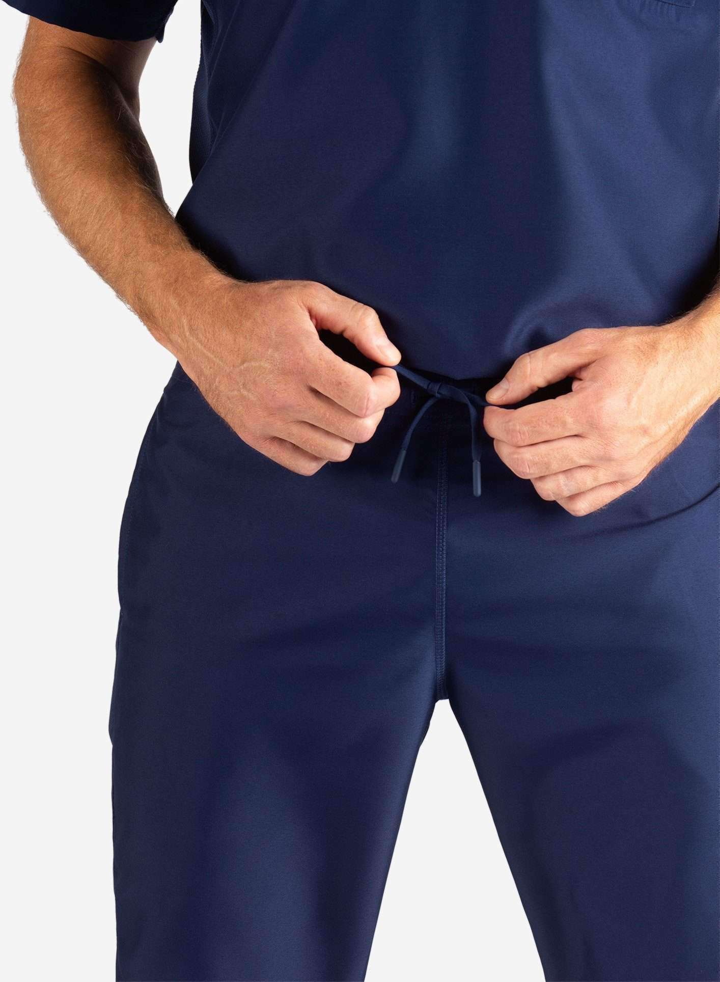 Men&#39;s Slim Fit Scrub Pants in Navy Blue Waistband View